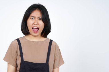 Beyaz arka planda izole edilmiş Güzel Asyalı Kadın 'ın Öfkeli Hareketi