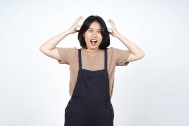 Beyaz arka planda izole edilmiş Güzel Asyalı Kadın 'ın Öfkeli Hareketi