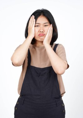 Beyaz arka planda tecrit edilmiş Güzel Asyalı Kadın 'ın Sıkıcı Hareketi