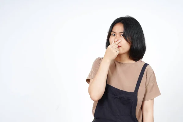 Smelling Something Stinky Disgusting Beautiful Asian Woman Isolated White Background — Stock Photo, Image
