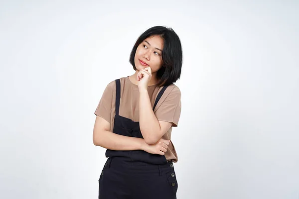 Denken Nieuwsgierig Gebaar Van Mooie Aziatische Vrouw Geïsoleerd Witte Achtergrond — Stockfoto
