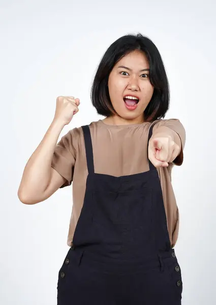 Pointing Camera Angry Gesture Beautiful Asian Woman Isolated White Background — Fotografia de Stock