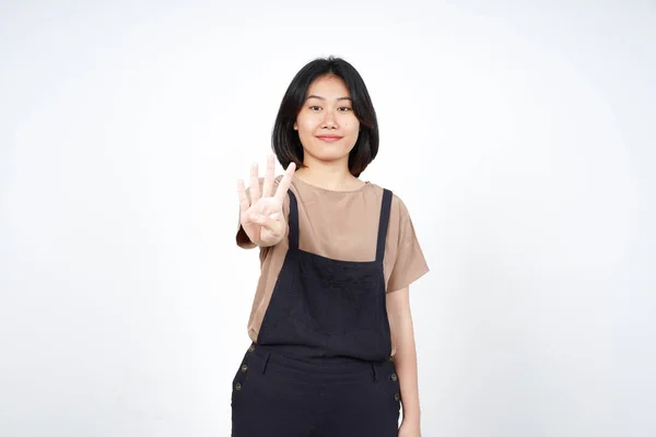 Showing Count Four Finger Beautiful Asian Woman Isolated White Background — Φωτογραφία Αρχείου