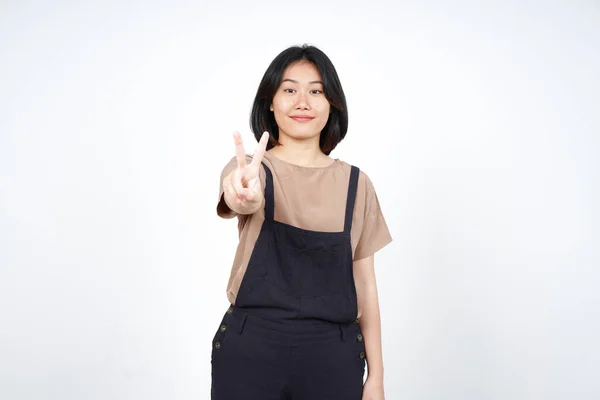 Showing Count Two Finger Beautiful Asian Woman Isolated White Background — 스톡 사진