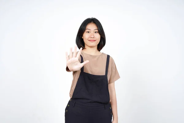 Showing Count Five Finger Beautiful Asian Woman Isolated White Background — Stockfoto