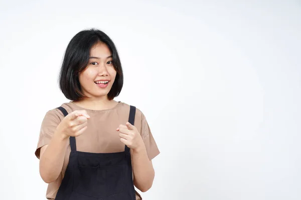 카메라 미소와 백지에서 고립된 아름다운 아시아 여인의 몸짓을 — 스톡 사진