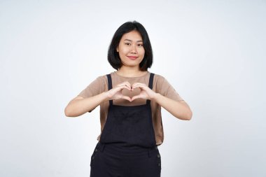 Beyaz arka planda izole edilmiş Güzel Asyalı Kadın 'ın Aşk Kalbi İşareti