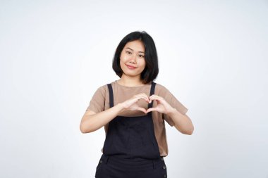 Beyaz arka planda izole edilmiş Güzel Asyalı Kadın 'ın Aşk Kalbi İşareti