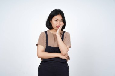 Beyaz arka planda tecrit edilmiş Güzel Asyalı Kadın 'ın Sıkıcı Hareketi