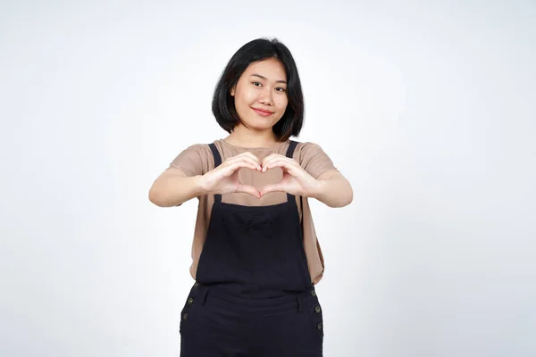 Mostrando Amor Coração Sinal Bela Mulher Asiática Isolado Fundo Branco — Fotografia de Stock