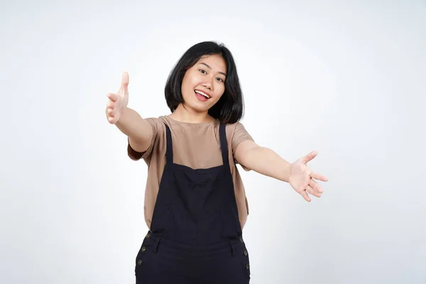Пропонуючи Hug Красуня Азіатська Жінка Ізольовані Білому Тлі — стокове фото