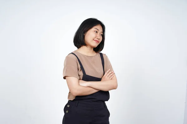 Folding arms Smile and Looking away of Beautiful Asian Woman Isolated On White Background