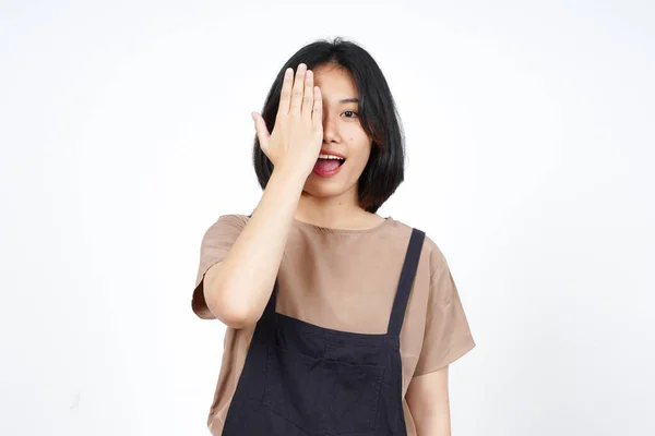 Sorriso Cobrindo Metade Cara Bela Mulher Asiática Isolada Fundo Branco — Fotografia de Stock