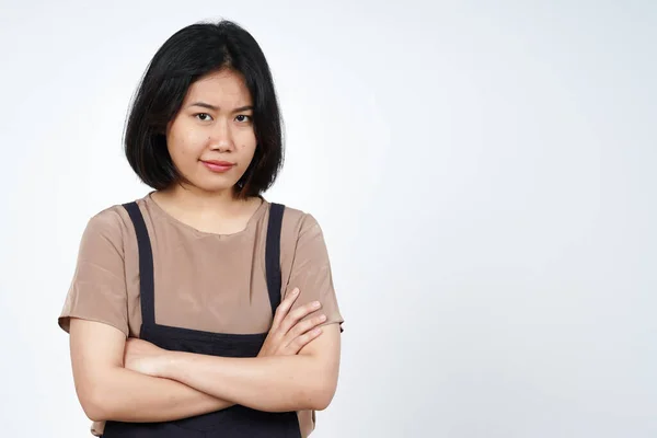 Braços Dobráveis Com Expressão Facial Irritada Bela Mulher Asiática Isolada — Fotografia de Stock