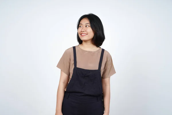 Glimlach Weg Kijken Van Mooie Aziatische Vrouw Geïsoleerd Witte Achtergrond — Stockfoto