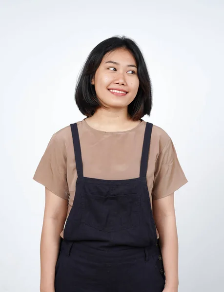 Glimlach Weg Kijken Van Mooie Aziatische Vrouw Geïsoleerd Witte Achtergrond — Stockfoto
