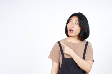 Beyaz arka planda tecrit edilmiş Güzel Asyalı Kadın 'ın Ürün ve İşaret Tarafı