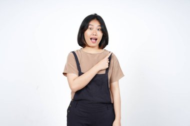 Beyaz arka planda tecrit edilmiş Güzel Asyalı Kadın 'ın Ürün ve İşaret Tarafı