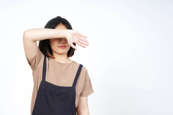 Bedekken Ogen Met Armen Van Mooie Aziatische Vrouw Geïsoleerd Witte — Stockfoto