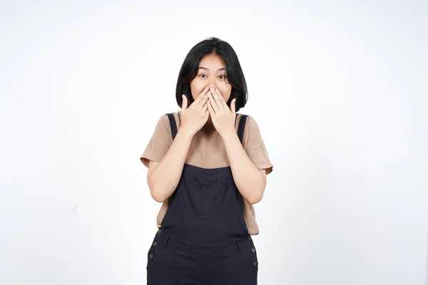 Mundschutz Glücklich Überrascht Von Schöner Asiatischer Frau Isoliert Auf Weißem — Stockfoto