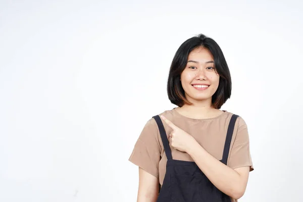 Beyaz Arka Planda Tecrit Edilmiş Güzel Asyalı Kadın Ürün Şaret — Stok fotoğraf