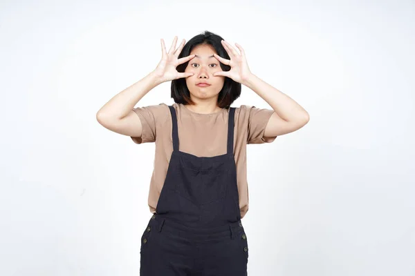 Proberen Open Ogen Van Mooie Aziatische Vrouw Geïsoleerd Witte Achtergrond — Stockfoto