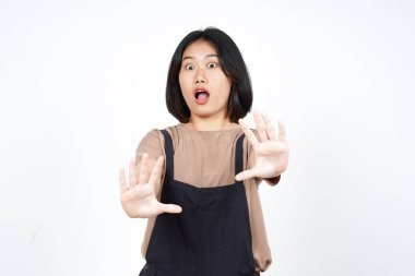 Beyaz arka planda tecrit edilmiş Güzel Asyalı Kadın 'ın Reddedilmiş El Hareketi