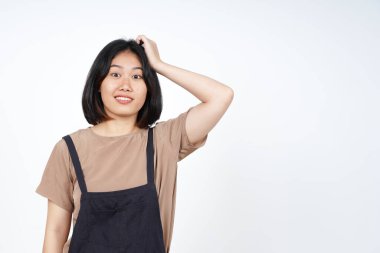 Beyaz arka planda izole edilmiş Güzel Asyalı Kadın Kafası Karışık ve Unutulmuş