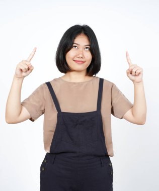 Beyaz arka planda tecrit edilmiş güzel Asyalı Kadın 'ın Ürünleri ve İşaretleri