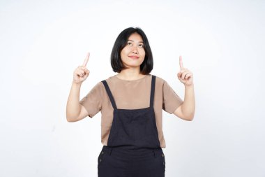 Beyaz arka planda tecrit edilmiş güzel Asyalı Kadın 'ın Ürünleri ve İşaretleri