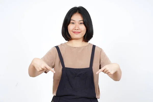 Toon Product Wijzen Naar Beneden Van Mooie Aziatische Vrouw Geïsoleerd — Stockfoto