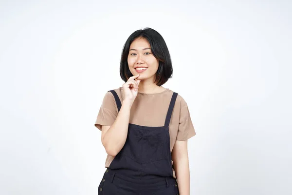 Mão Queixo Sorriso Bela Mulher Asiática Isolada Fundo Branco — Fotografia de Stock