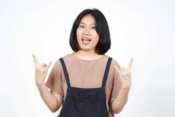Beyaz Arka Planda Izole Edilmiş Güzel Asyalı Kadının Metal Işaretlerini — Stok fotoğraf