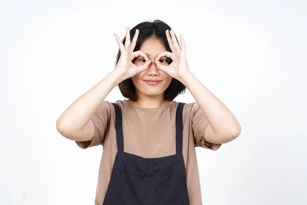 Mostrando Sinal Como Óculos Olho Bela Mulher Asiática Isolada Fundo — Fotografia de Stock