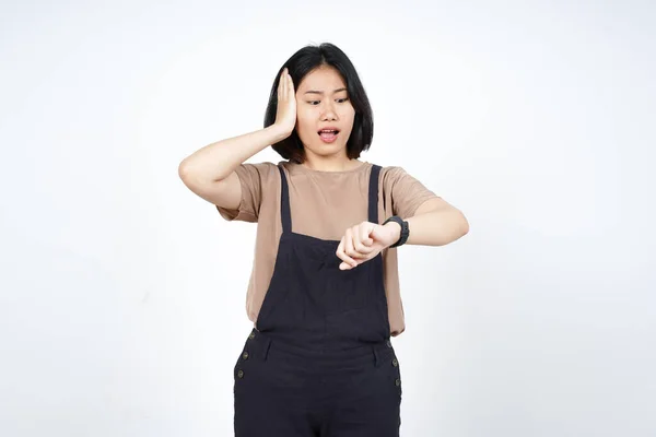 Olhando Para Relógio Chocado Para Tarde Bela Mulher Asiática Isolada — Fotografia de Stock