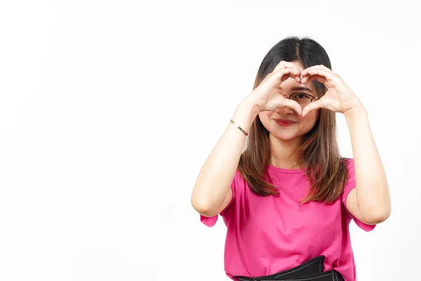 Ukázat Lásku Srdce Znamení Krásné Asijské Ženy Izolované Bílém Pozadí — Stock fotografie