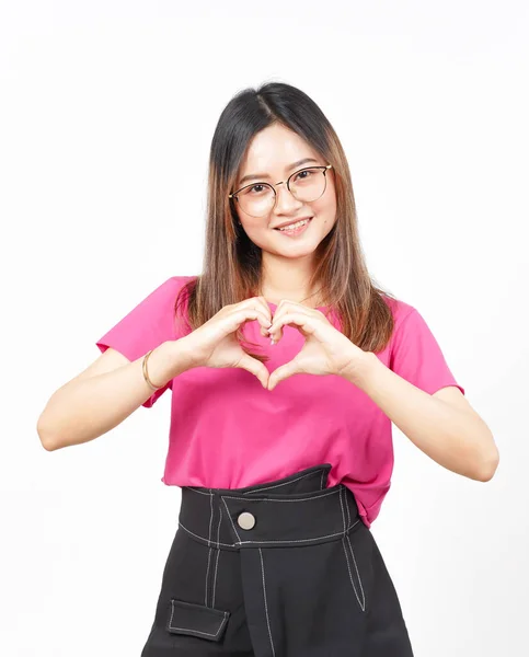 Mostrando Amor Coração Sinal Bela Mulher Asiática Isolado Fundo Branco — Fotografia de Stock