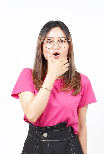 Wow Gezicht Expressie Van Mooie Aziatische Vrouw Geïsoleerd Witte Achtergrond — Stockfoto