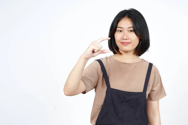 Medindo Mostrando Pequeno Sinal Produto Bela Mulher Asiática Isolada Fundo — Fotografia de Stock