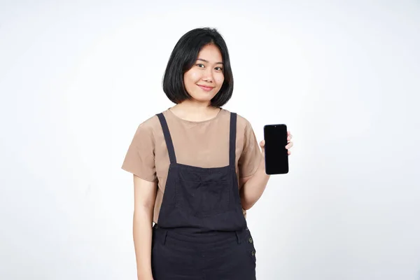 배경에 고립된 아름다운 아시아 여성의 앱이나 광고를 — 스톡 사진