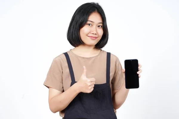Beyaz Arkaplanda Zole Edilmiş Güzel Asyalı Kadın Boş Ekran Telefonundaki — Stok fotoğraf
