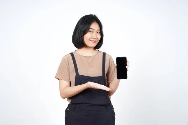 stock image Showing Apps or Ads On Blank Screen Smartphone of Beautiful Asian Woman Isolated On White Background