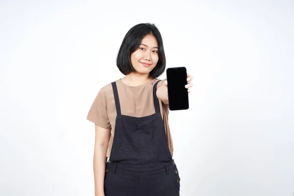 Beyaz Arkaplanda Zole Edilmiş Güzel Asyalı Kadın Boş Ekran Telefonundaki — Stok fotoğraf