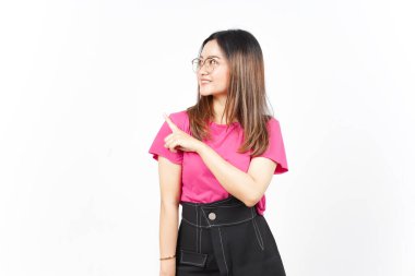 Beyaz arka planda tecrit edilmiş Güzel Asyalı Kadın 'ın Ürün ve İşaret Tarafı