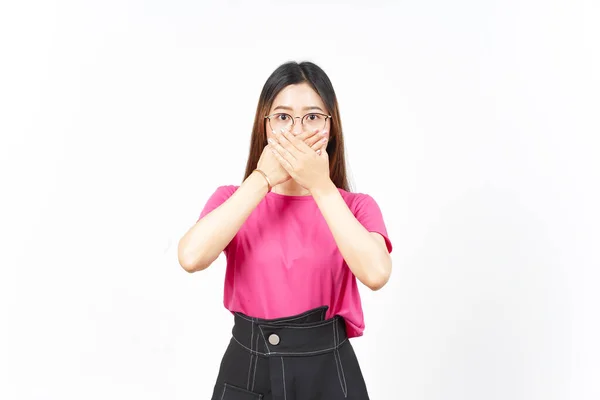 Täckande Mun Med Chockansikte Uttryck Vacker Asiatisk Kvinna Isolerad Vit — Stockfoto