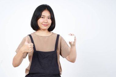 Beyaz Arkaplanda İzole Edilmiş Güzel Asyalı Bir Kadının Boş Kredi Kartı Gösteriliyor