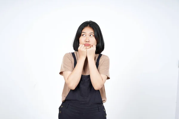 Beyaz Arka Planda Tecrit Edilmiş Güzel Asyalı Kadının Düşünceli Ilginç — Stok fotoğraf
