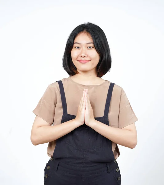 Jak Namaste Pozdrav Krásné Asijské Ženy Izolované Bílém Pozadí — Stock fotografie