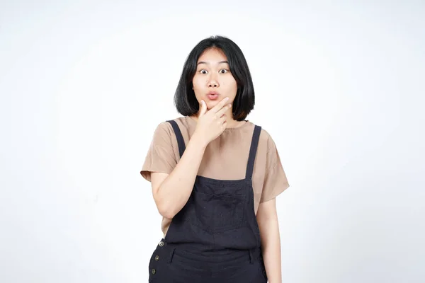 Mão Queixo Com Expressão Facial Wow Bela Mulher Asiática Isolada — Fotografia de Stock
