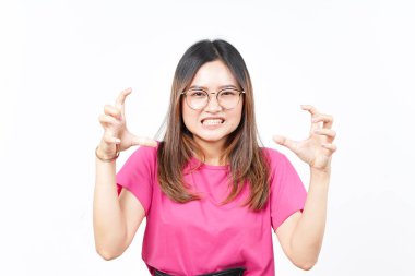 Beyaz arka planda izole edilmiş Güzel Asyalı Kadın 'ın Öfkeli Hareketi